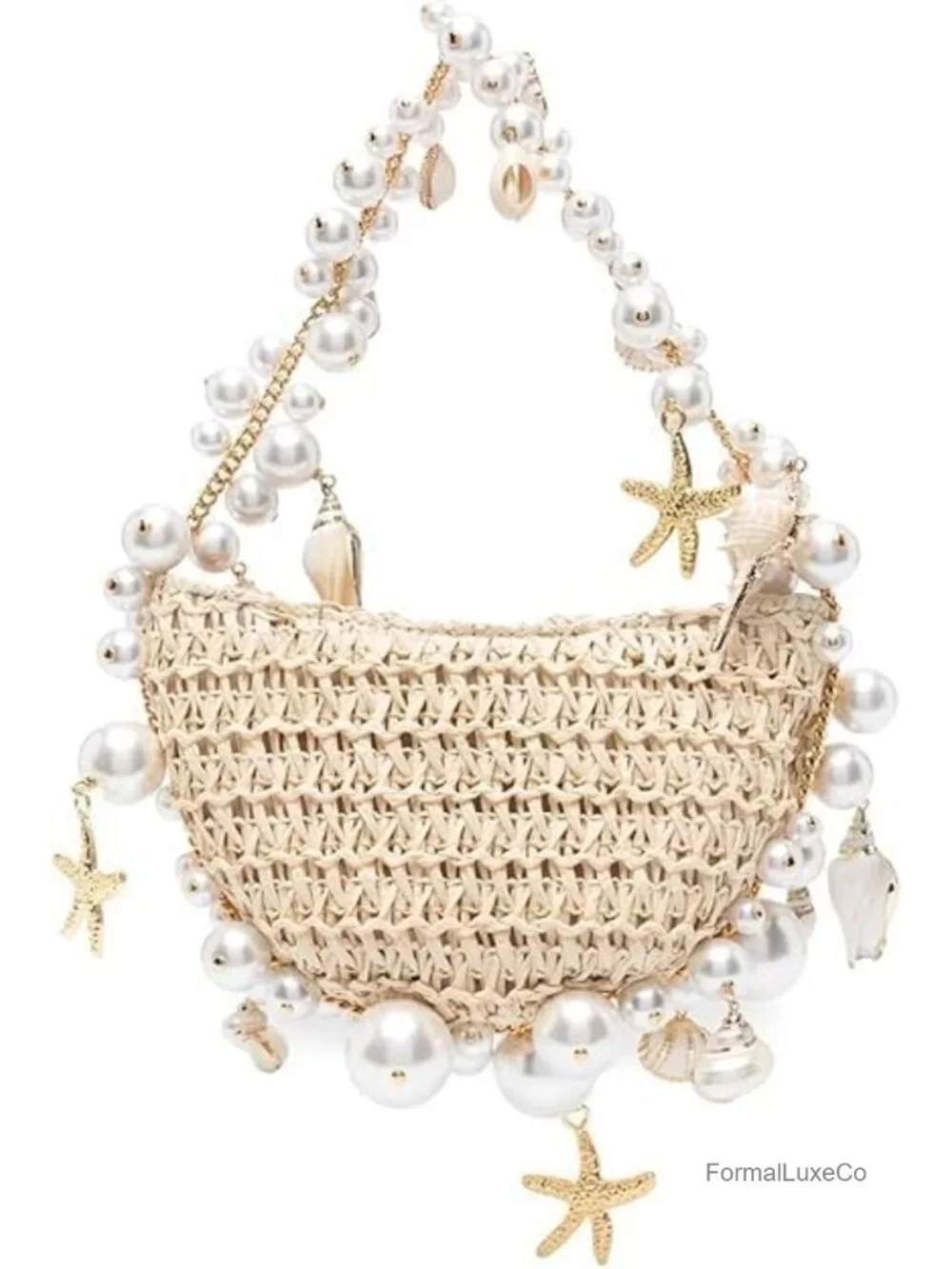 Woven Straw Shoulder Bag with Pearl Handle Beach Vacation Purse